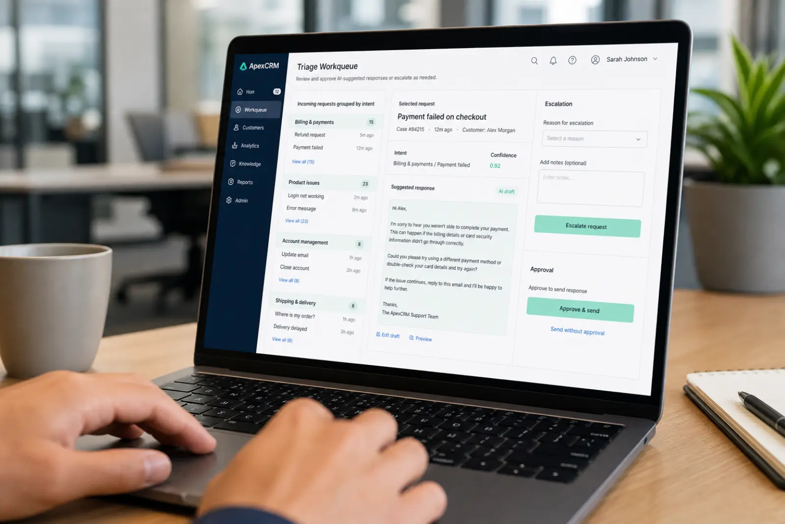 Customer operations manager reviewing AI-assisted support triage on a laptop