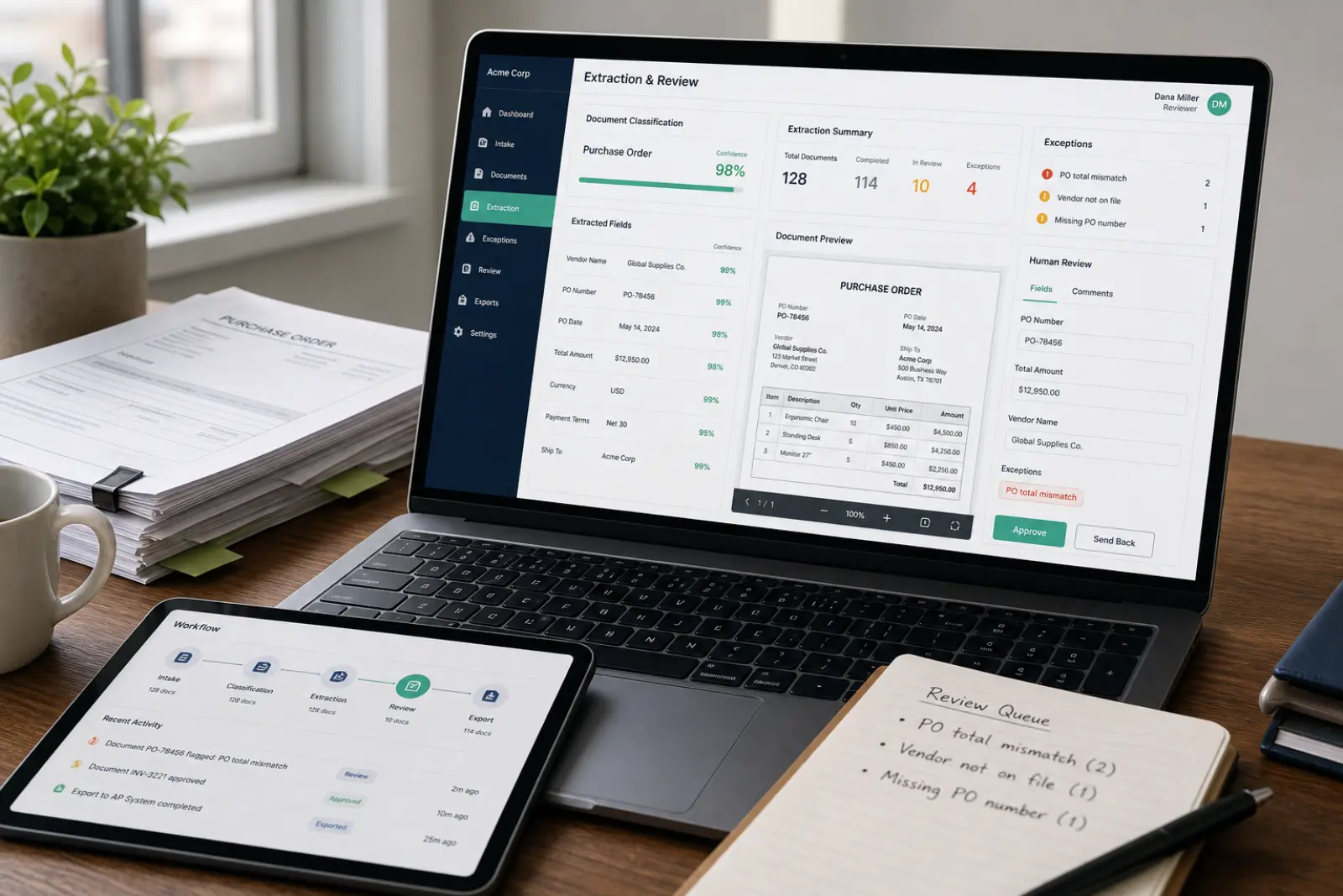 Document extraction and human review interface with exception flags
