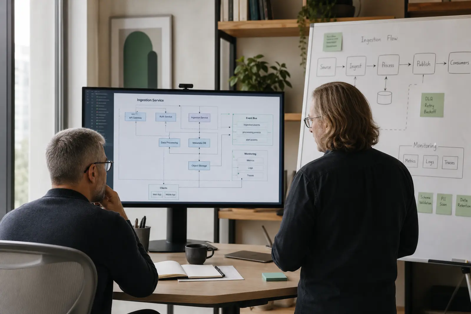 Editorial workplace scene of engineers reviewing a workflow architecture diagram