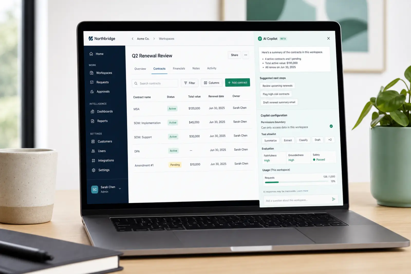 In-product AI copilot panel with permissions, evaluation, and usage controls