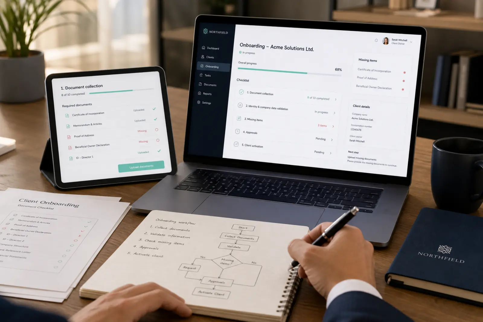 Client onboarding workspace with document checklist and validation progress
