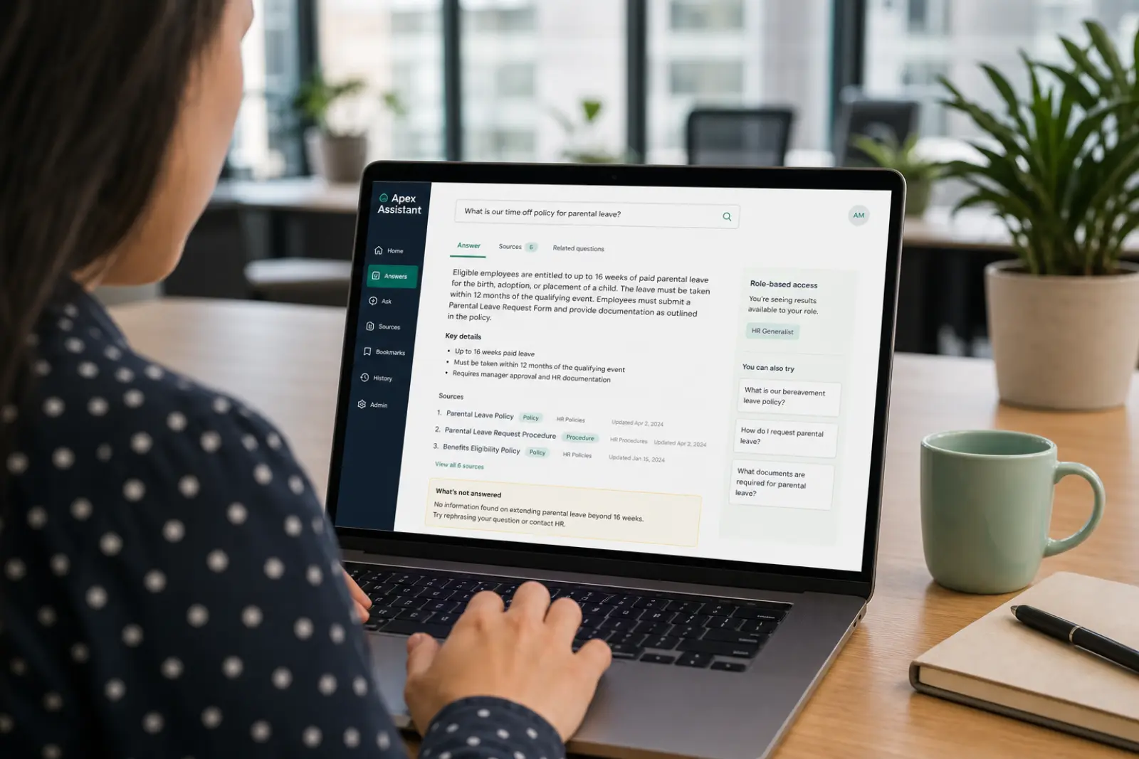 Internal knowledge assistant showing a source-grounded answer with citations